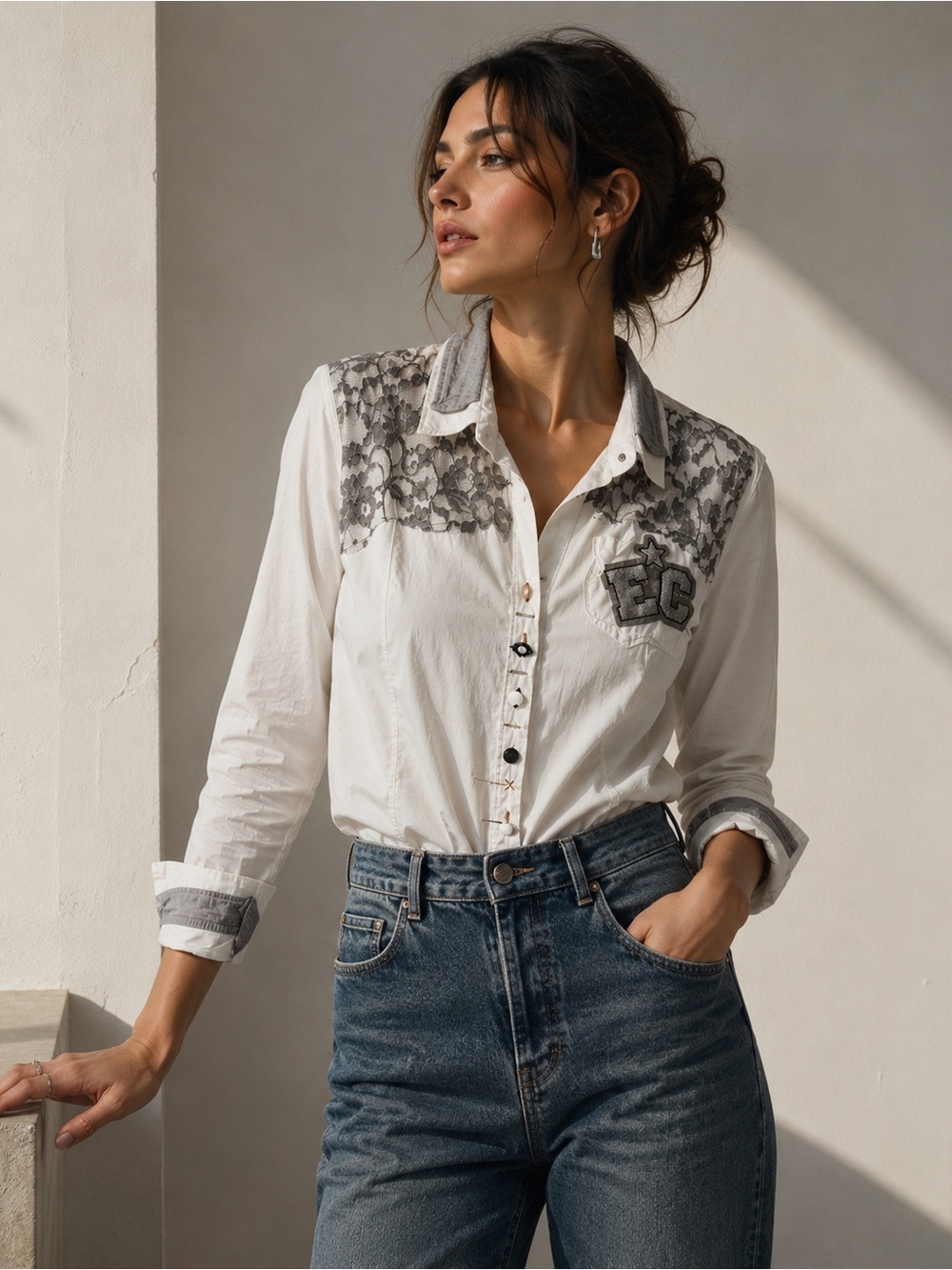 Elisa Cavaletti Lace Detail Cotton Stretch Button-Up Blouse | Romantic | Sz S